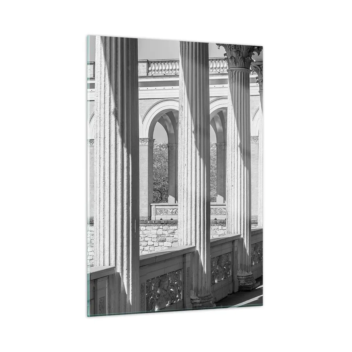 Cuadro sobre vidrio - Impresiones sobre Vidrio - Una columnata en blanco y negro con un juego rítmico de luces y sombras. - 50x70cm - Galería soleada - Decoración de pared moderna para salón y dormitorio ARTTOR