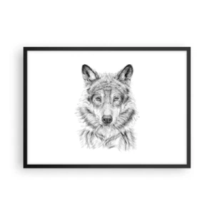 Póster en marco negro - Boceto de una cabeza de lobo en estilo monocromático sobre fondo blanco. - 70x50cm - Un líder nato - Decoración de pared moderna para salón y dormitorio ARTTOR