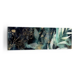 Cuadro sobre lienzo - Impresión de Imagen - Hojas elegantes sobre un fondo oscuro con acentos dorados. - 160x50cm - Jardín encantado - Decoración de pared moderna para salón y dormitorio ARTTOR
