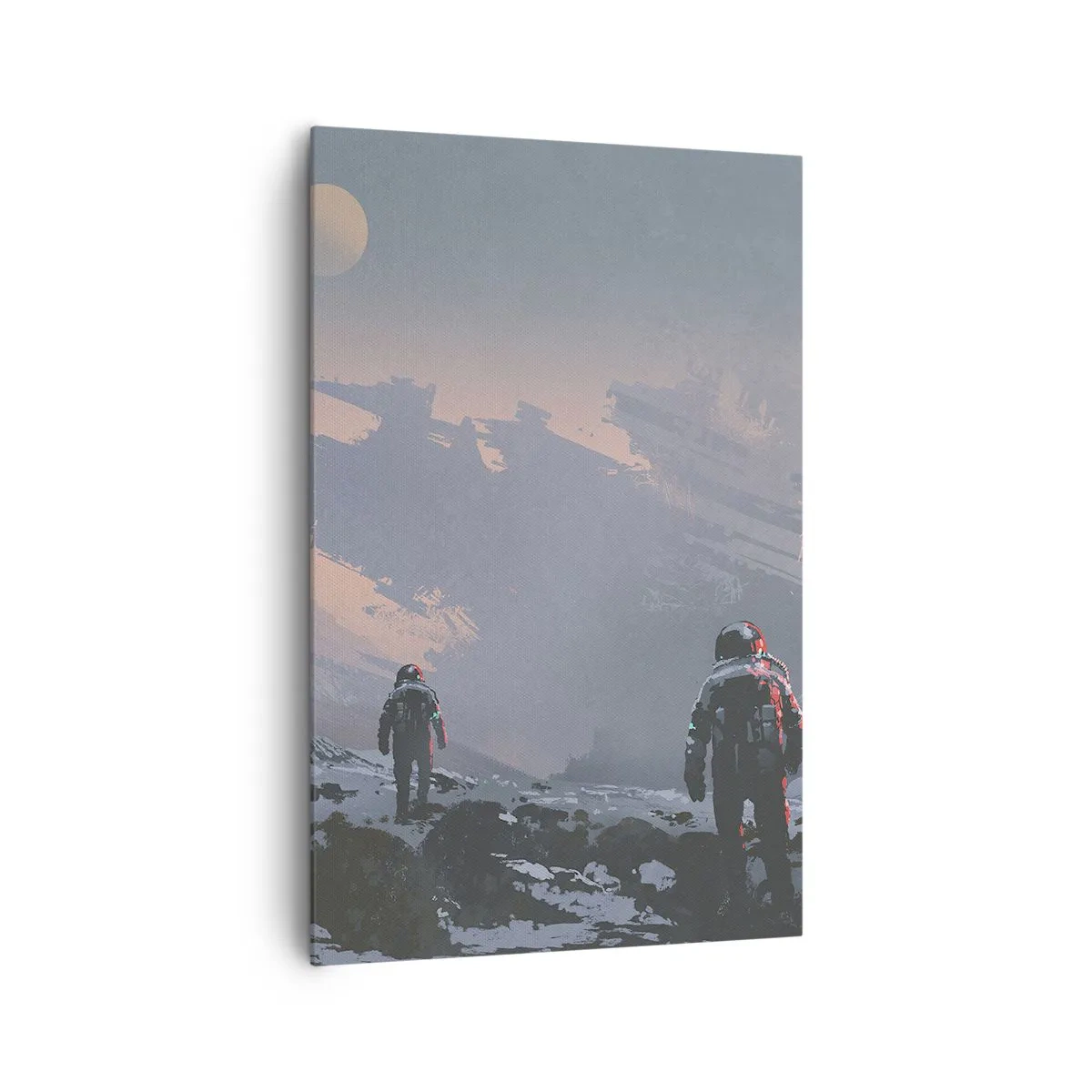 Cuadro sobre lienzo - Impresión de Imagen - Astronautas en un planeta alienígena con una nave espacial destrozada - 80x120cm - Bajo una estrella desconocida - Decoración de pared moderna para salón y dormitorio ARTTOR