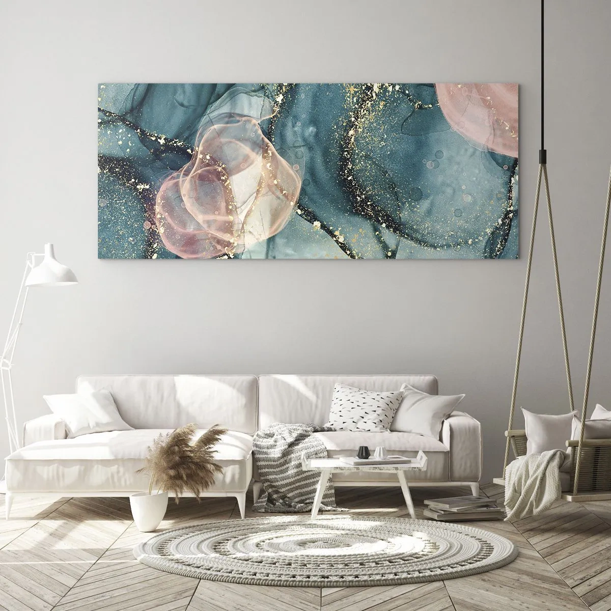 Cuadro sobre vidrio - Impresiones sobre Vidrio - Seda azul, tul rosa - 100x40 cm