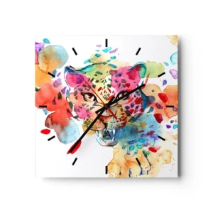 Reloj de pared - Reloj de vidrio - Retrato abstracto de un leopardo en colores intensos. - 30x30cm - La bella y la bestia - Decoración de pared moderna para salón y dormitorio ARTTOR