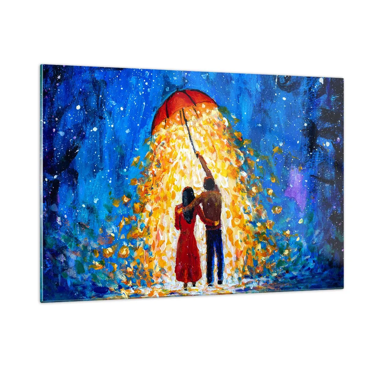 Cuadro sobre vidrio - Impresiones sobre Vidrio - Una pareja bajo una sombrilla rodeada de luz dorada contra el cielo nocturno. - 120x80cm - La magia de una tarde lluviosa - Decoración de pared moderna para salón y dormitorio ARTTOR