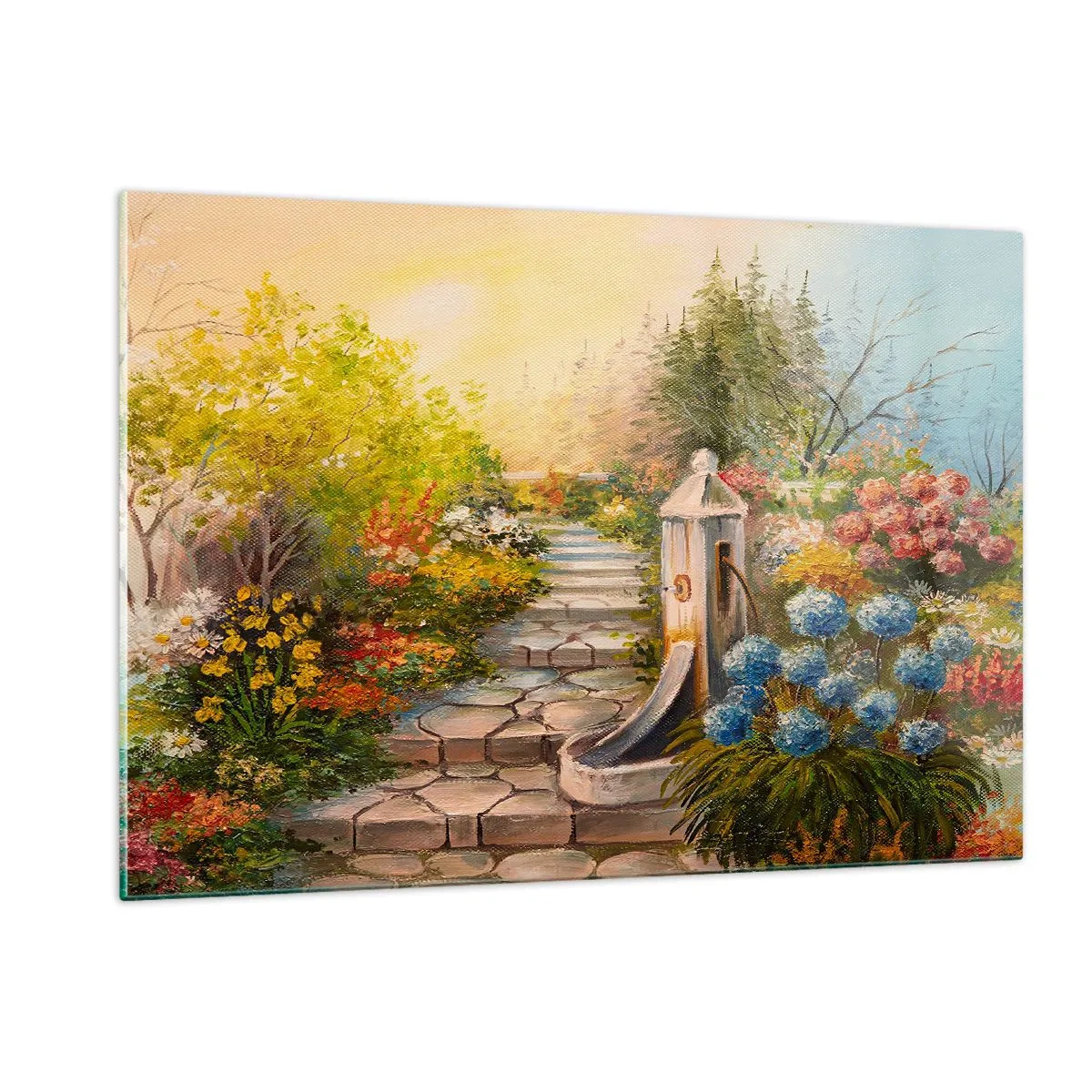Cuadro sobre vidrio - Impresiones sobre Vidrio - Un jardín de flores con una fuente en plena floración. - 120x80cm - En plena floración - Decoración de pared moderna para salón y dormitorio ARTTOR