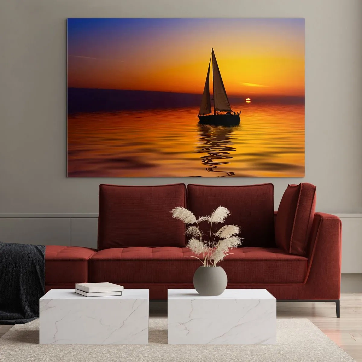 Cuadro sobre vidrio - Impresiones sobre Vidrio - Un velero en el agua al atardecer. - 70x50cm - Qué tranquilo el anochecer… - Decoración de pared moderna para salón y dormitorio ARTTOR