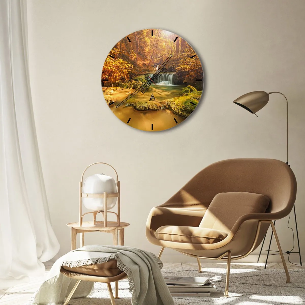 Reloj de pared - Reloj de vidrio - Cascada forestal en oro - 40x40 cm