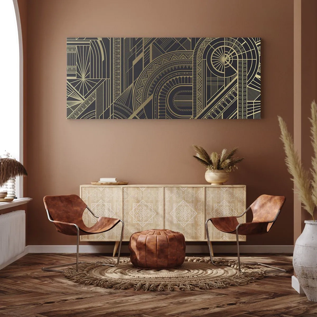 Cuadro sobre lienzo - Impresión de Imagen - Patrones geométricos dorados sobre fondo negro en estilo Art Déco - 140x50cm - Conceptos, ideas, planes - Decoración de pared moderna para salón y dormitorio ARTTOR