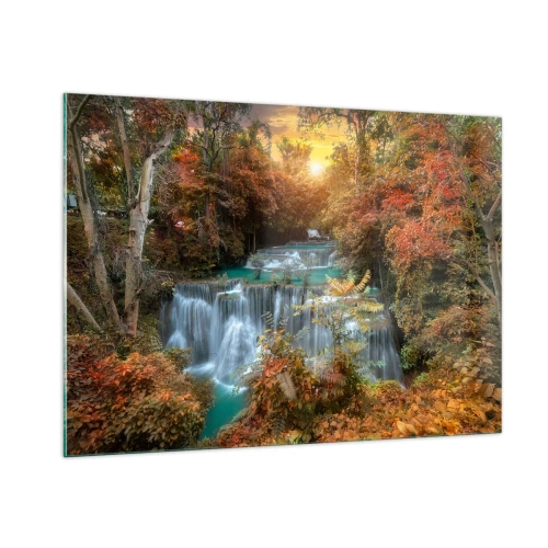 Cuadro sobre vidrio - Impresiones sobre Vidrio - Una pintoresca cascada rodeada de un bosque otoñal al atardecer. - 100x70cm - El tesoro escondido del bosque - Decoración de pared moderna para salón y dormitorio ARTTOR