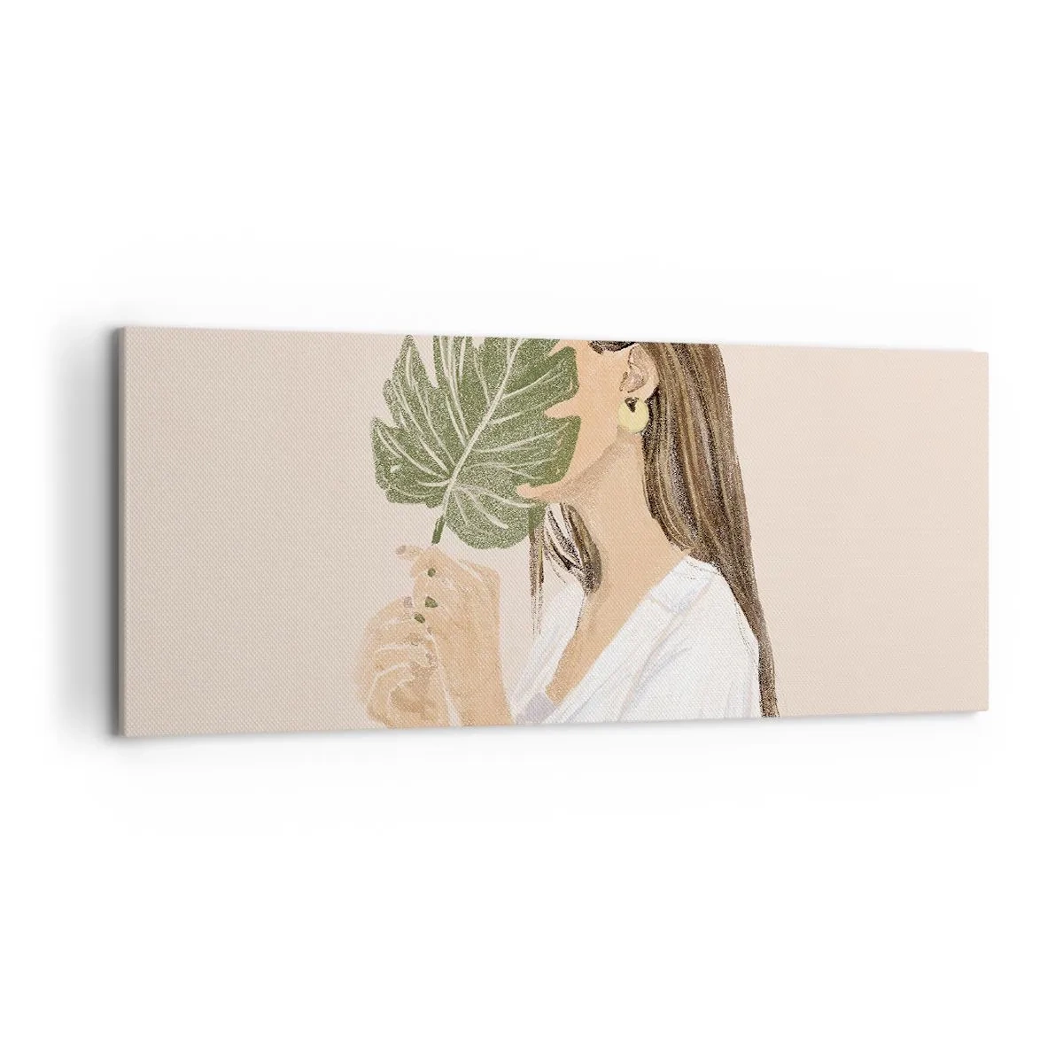 Cuadro sobre lienzo - Impresión de Imagen - Retrato de una mujer con una hoja de monstera sobre un fondo beige. - 120x50cm - Retrato misterioso con un abanico - Decoración de pared moderna para salón y dormitorio ARTTOR