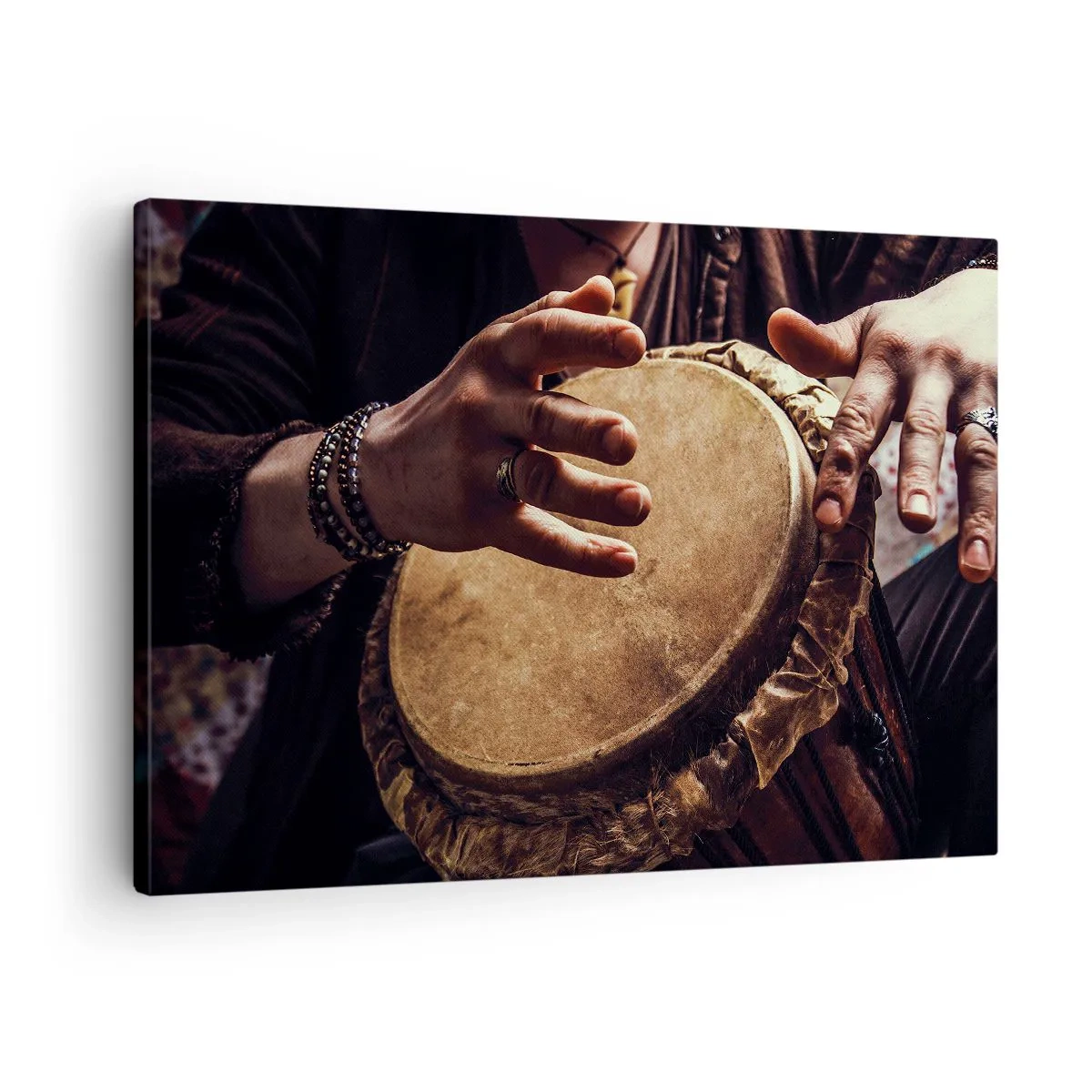 Cuadro sobre lienzo - Impresión de Imagen - Manos tocando un tambor djembé tradicional - 70x50cm - En el ritmo del corazón - Decoración de pared moderna para salón y dormitorio ARTTOR