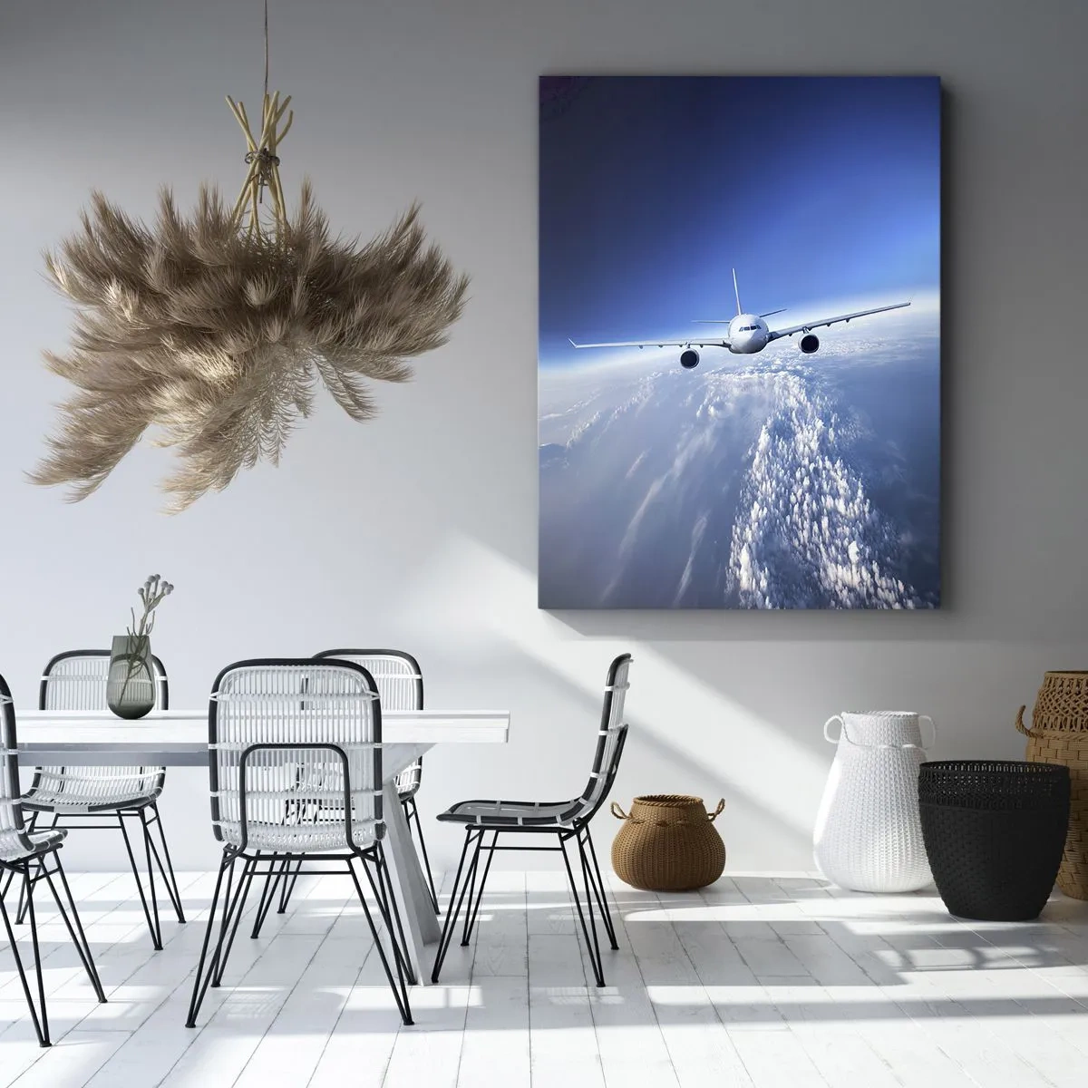Cuadro sobre lienzo - Impresión de Imagen - Un avión volando sobre las nubes contra un cielo azul. - 50x70cm - Vuelo porque quiero - Decoración de pared moderna para salón y dormitorio ARTTOR