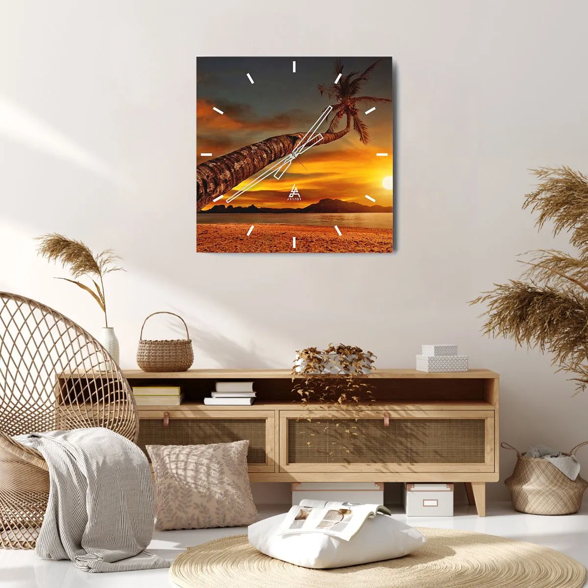 Reloj de pared - Reloj de vidrio - Palmera en la playa al atardecer con vistas al mar - 30x30cm - Vacaciones exóticas, aventura en el Caribe - Decoración de pared moderna para salón y dormitorio ARTTOR