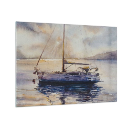 Cuadro sobre vidrio - Impresiones sobre Vidrio - Un yate amarrado en una bahía tranquila al anochecer. - 70x50cm - Atardecer en la bahía - Decoración de pared moderna para salón y dormitorio ARTTOR