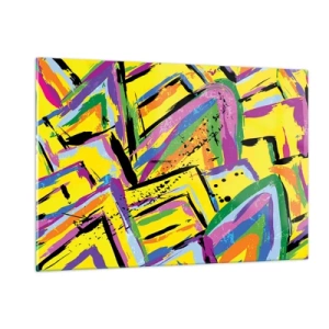 Cuadro sobre vidrio - Impresiones sobre Vidrio - Abstracción intensa en colores brillantes sobre un fondo amarillo. - 120x80cm - Grita de alegría - Decoración de pared moderna para salón y dormitorio ARTTOR