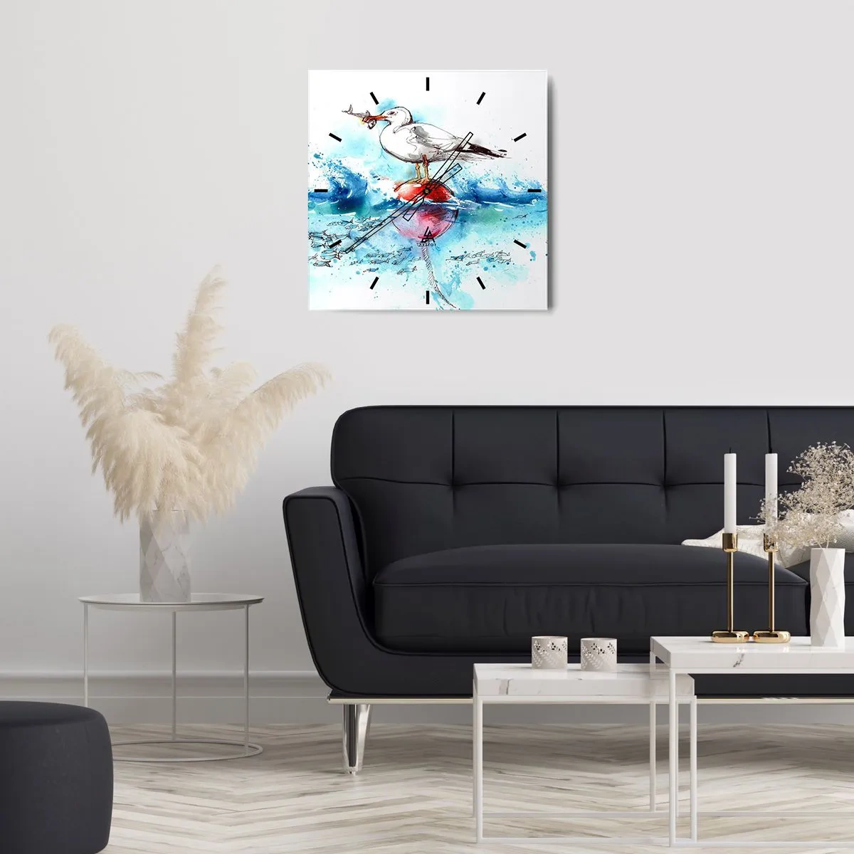 Reloj de pared - Reloj de vidrio - Gaviota en una boya con peces al fondo en estilo acuarela - 30x30cm - Una captura exitosa - Decoración de pared moderna para salón y dormitorio ARTTOR