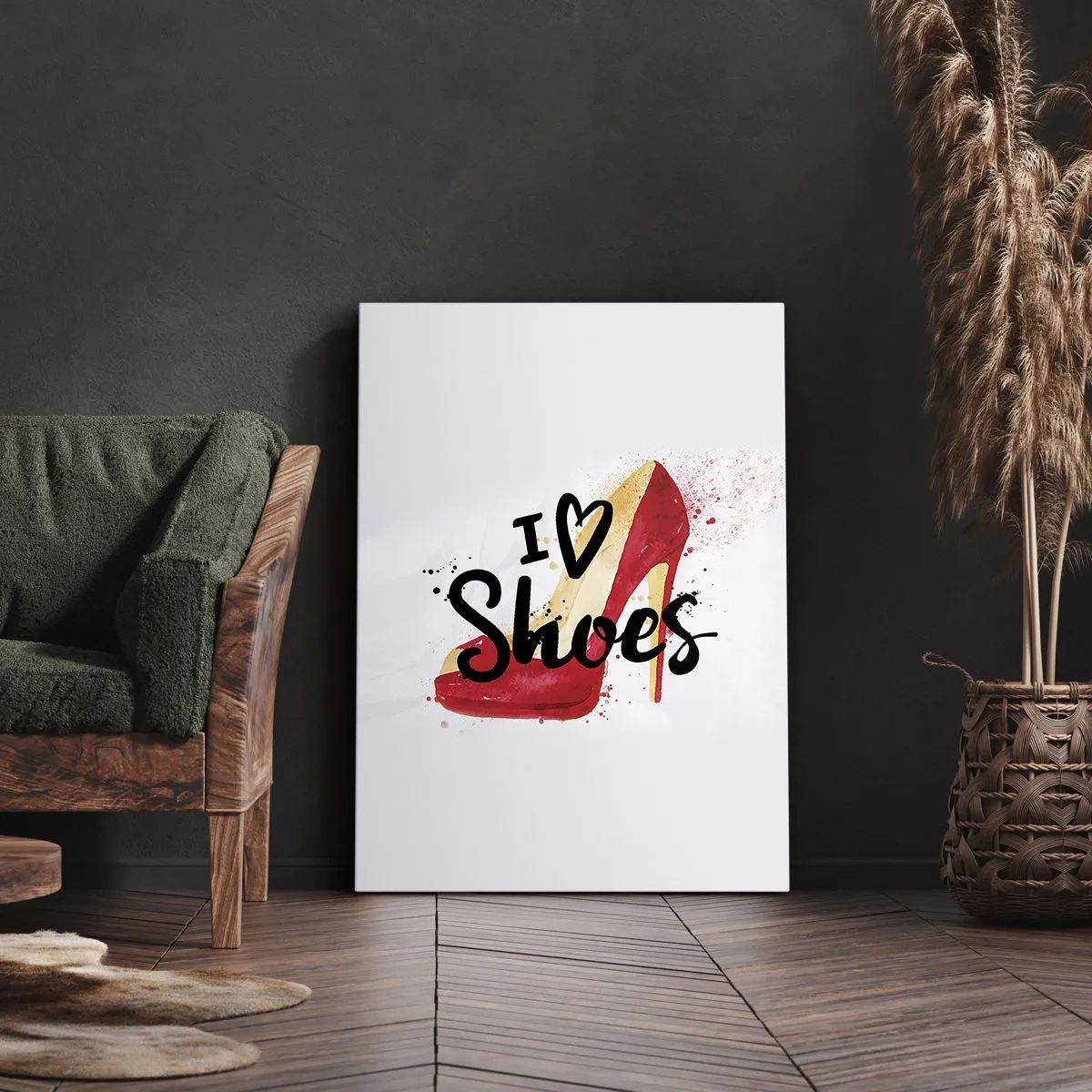 Cuadro sobre lienzo - Impresión de Imagen - Stiletto rojo con la inscripción I love Shoes sobre fondo blanco - 70x100cm - El amor tiene más de un nombre - Decoración de pared moderna para salón y dormitorio ARTTOR
