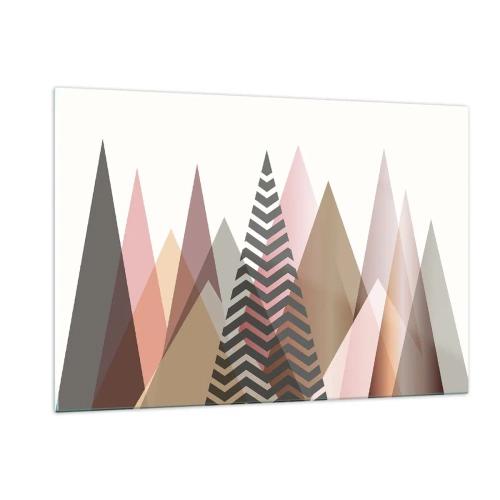 Cuadro sobre vidrio - Impresiones sobre Vidrio - Montañas geométricas pastel con un patrón central - 120x80cm - Una visión piramidal - Decoración de pared moderna para salón y dormitorio ARTTOR