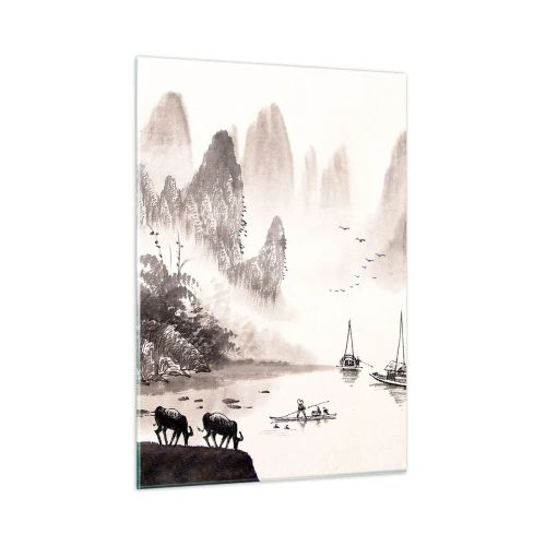 Cuadro sobre vidrio - Impresiones sobre Vidrio - Paisaje chino con montañas, árboles y agua. - 50x70cm - La exótica vida cotidiana de Oriente - Decoración de pared moderna para salón y dormitorio ARTTOR