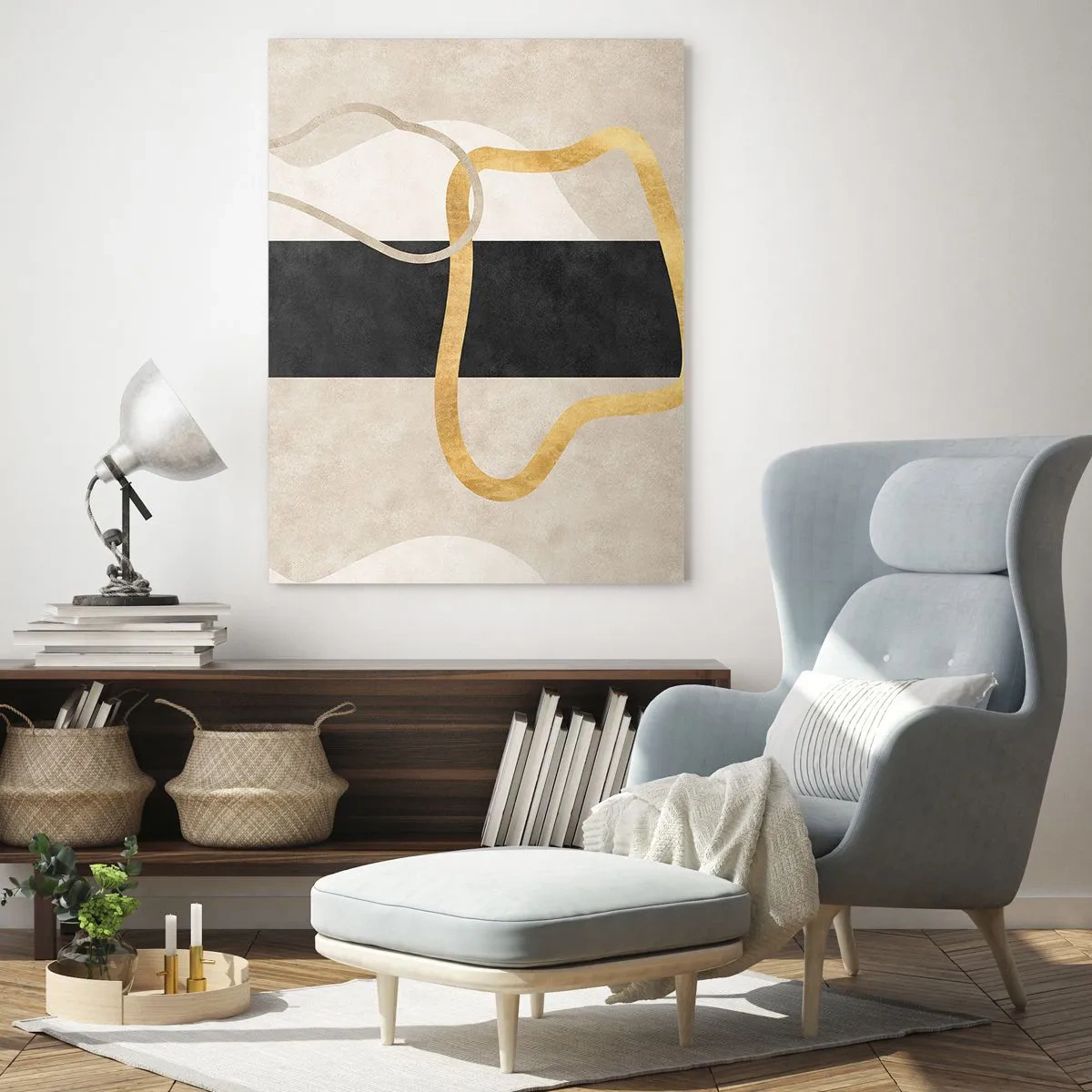 Cuadro sobre vidrio - Impresiones sobre Vidrio - Líneas doradas y beige que forman bucles sobre un fondo de rayas negras. - 50x70cm - Formas en bucle - Decoración de pared moderna para salón y dormitorio ARTTOR