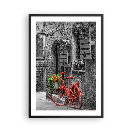 Póster en marco negro - Una bicicleta roja con flores en una calle estrecha. - 50x70cm - Callejón de la Toscana - Decoración de pared moderna para salón y dormitorio ARTTOR