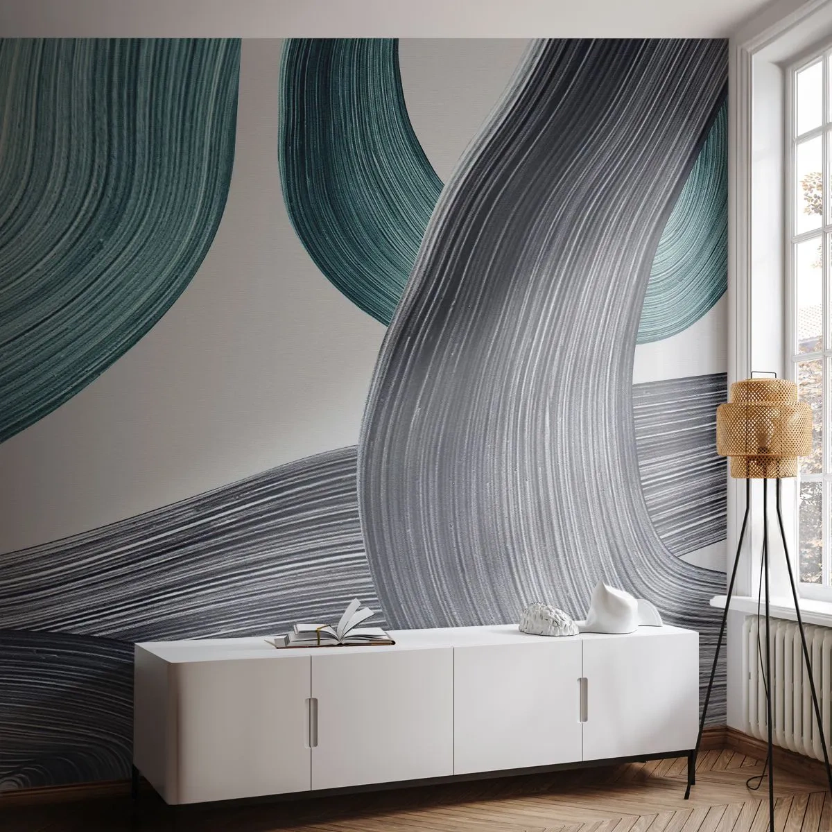 Fotomural Premium Sand - Senderos esmeralda y negro - Pintar, Cepillar, Minimalismo - 250x175 cm