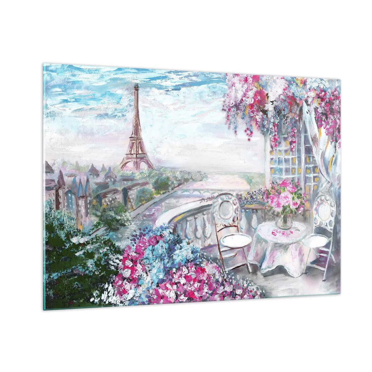 Cuadro sobre vidrio - Impresiones sobre Vidrio - Ilustración de una vista de la Torre Eiffel con un balcón lleno de flores. - 100x70cm - Mayo mágico en París - Decoración de pared moderna para salón y dormitorio ARTTOR