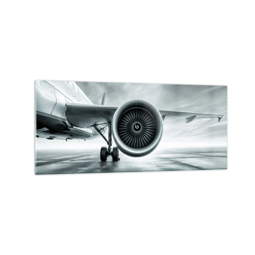Cuadro sobre vidrio - Impresiones sobre Vidrio - El motor a reacción de un avión en la pista - 120x50cm - Hay poder - Decoración de pared moderna para salón y dormitorio ARTTOR