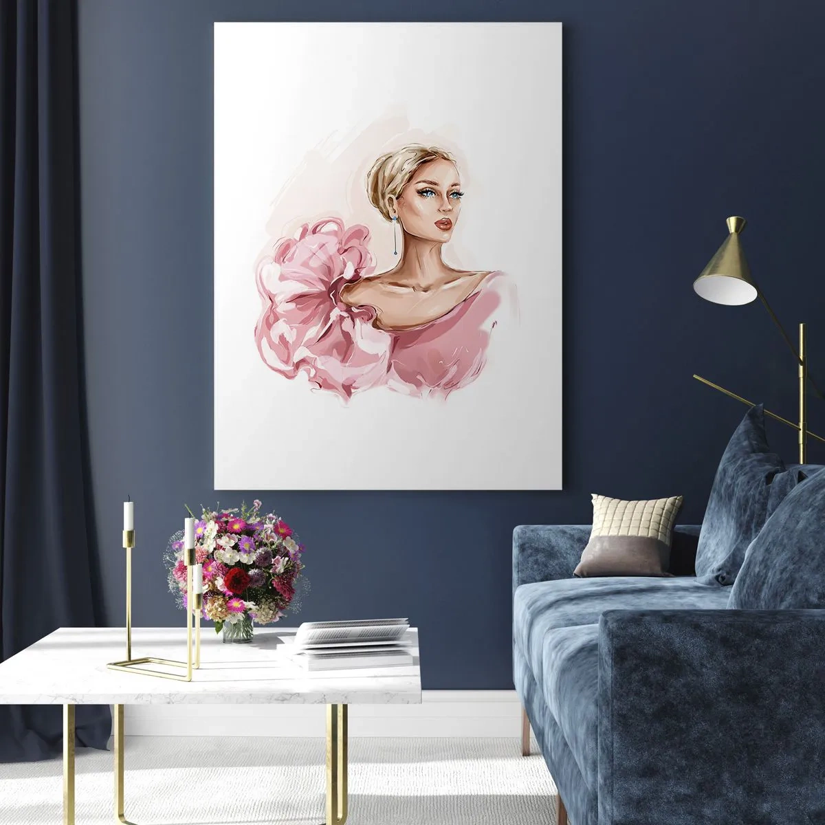 Cuadro sobre vidrio - Impresiones sobre Vidrio - Retrato estilizado de una mujer con un vestido rosa. - 50x70cm - Recuérdame como una pintura... - Decoración de pared moderna para salón y dormitorio ARTTOR