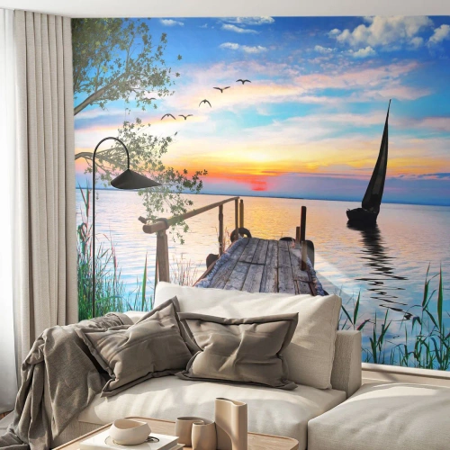 Fotomural Autadhesivo Deluxe Sticker - Que llegue la noche - Paisaje, Lago, Puente de madera - 100x70 cm