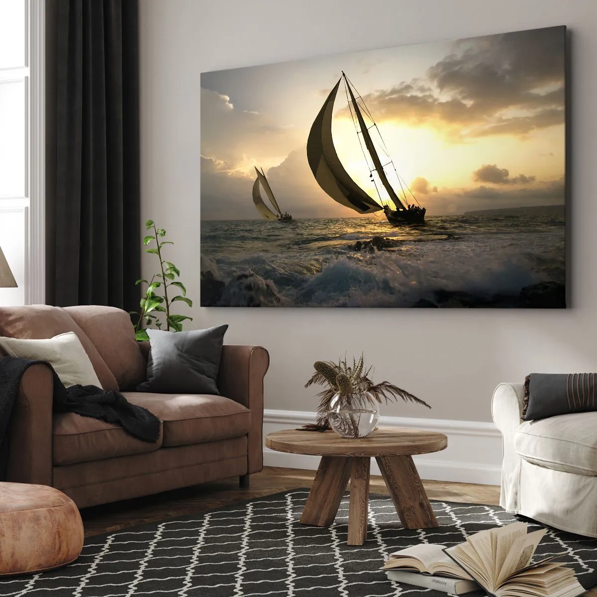 Cuadro sobre lienzo - Impresión de Imagen - Veleros en el mar durante la puesta de sol - 100x70cm - En contra y a favor del viento - Decoración de pared moderna para salón y dormitorio ARTTOR