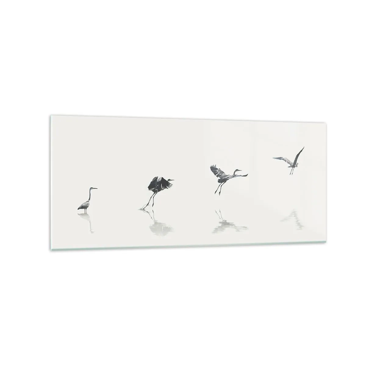 Cuadro sobre vidrio - Impresiones sobre Vidrio - Cuatro siluetas de aves reflejadas en el agua tranquila. - 120x50cm - Cuatro sencillos pasos para despegar - Decoración de pared moderna para salón y dormitorio ARTTOR