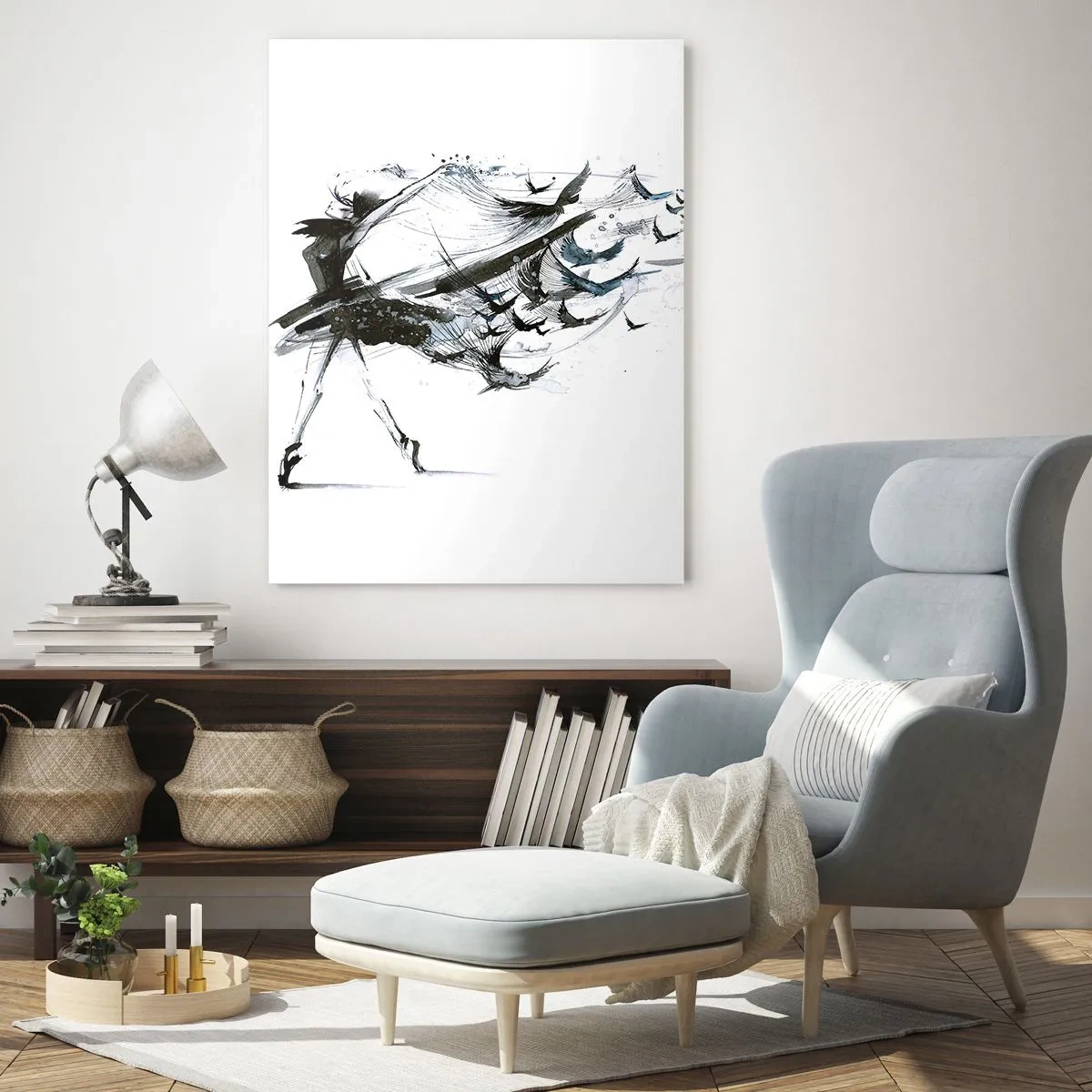Cuadro sobre vidrio - Impresiones sobre Vidrio - Bailarina en movimiento con pájaros flotantes - 50x70cm - La magia de la música te hace libre - Decoración de pared moderna para salón y dormitorio ARTTOR
