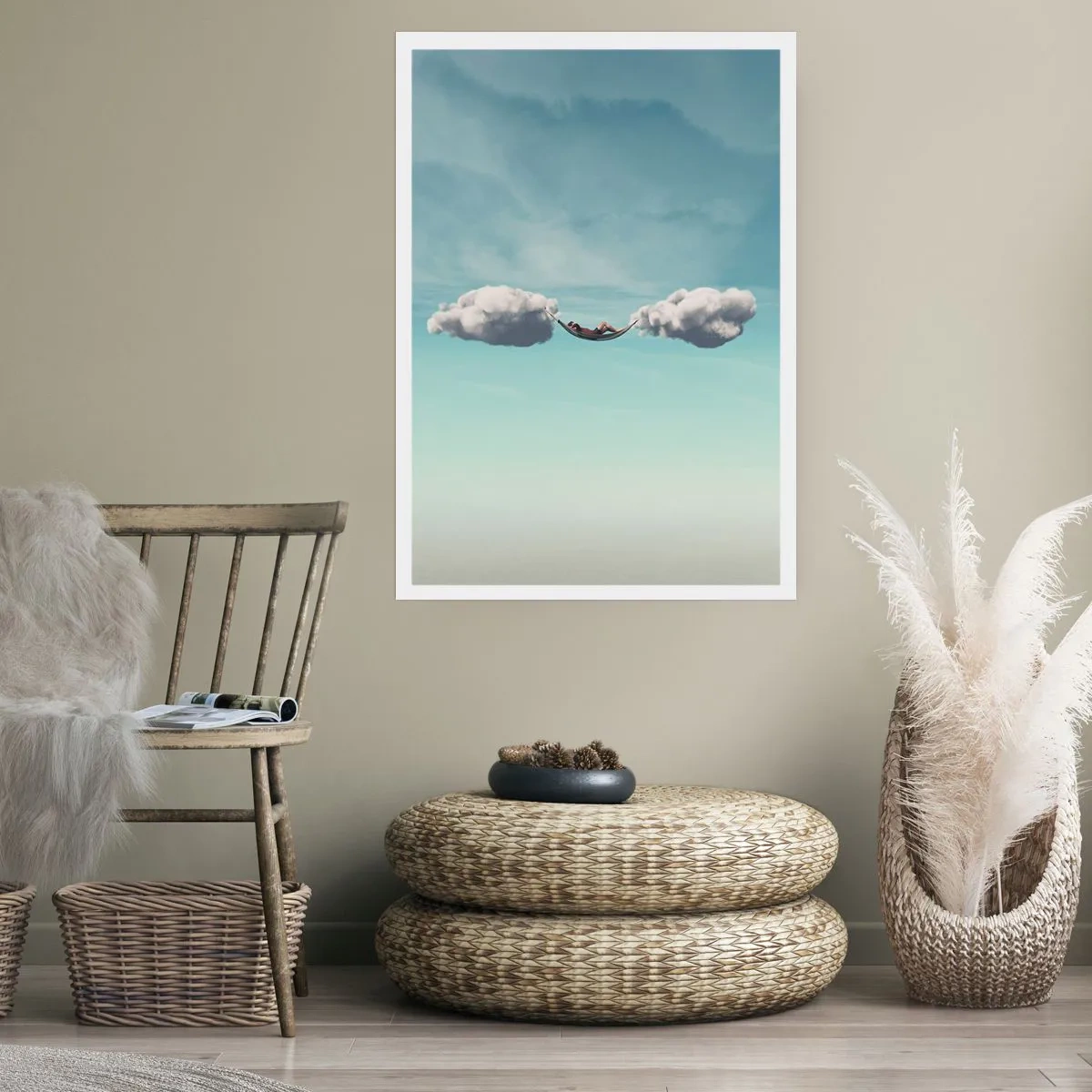 Póster - Una hamaca suspendida entre dos nubes contra el cielo. - 50x70cm - La felicidad del momento - Decoración de pared moderna para salón y dormitorio ARTTOR