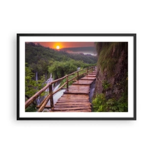 Póster en marco negro - Un puente con vistas a las cataratas al atardecer. - 70x50cm - Una belleza inimaginable - Decoración de pared moderna para salón y dormitorio ARTTOR
