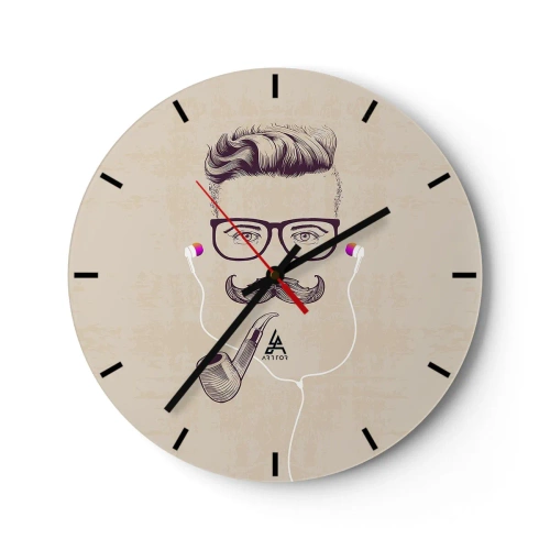 Reloj de pared - Reloj de vidrio - Ilustración de una cara con bigote, gafas, pipa y auriculares. - 30x30cm - Moda masculina - Decoración de pared moderna para salón, cocina y dormitorio ARTTOR