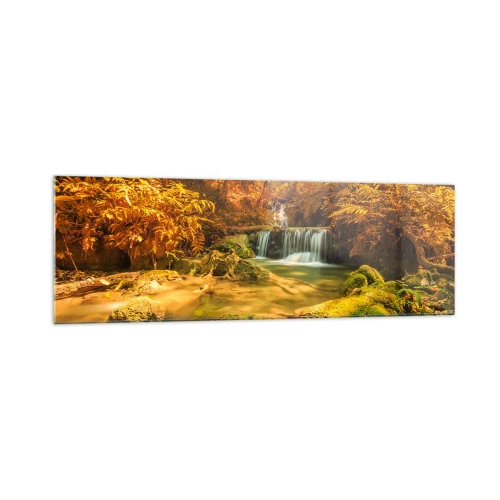 Cuadro sobre vidrio - Impresiones sobre Vidrio - Una cascada dorada en un bosque otoñal rodeado de vegetación. - 160x50cm - Cascada forestal en oro - Decoración de pared moderna para salón y dormitorio ARTTOR