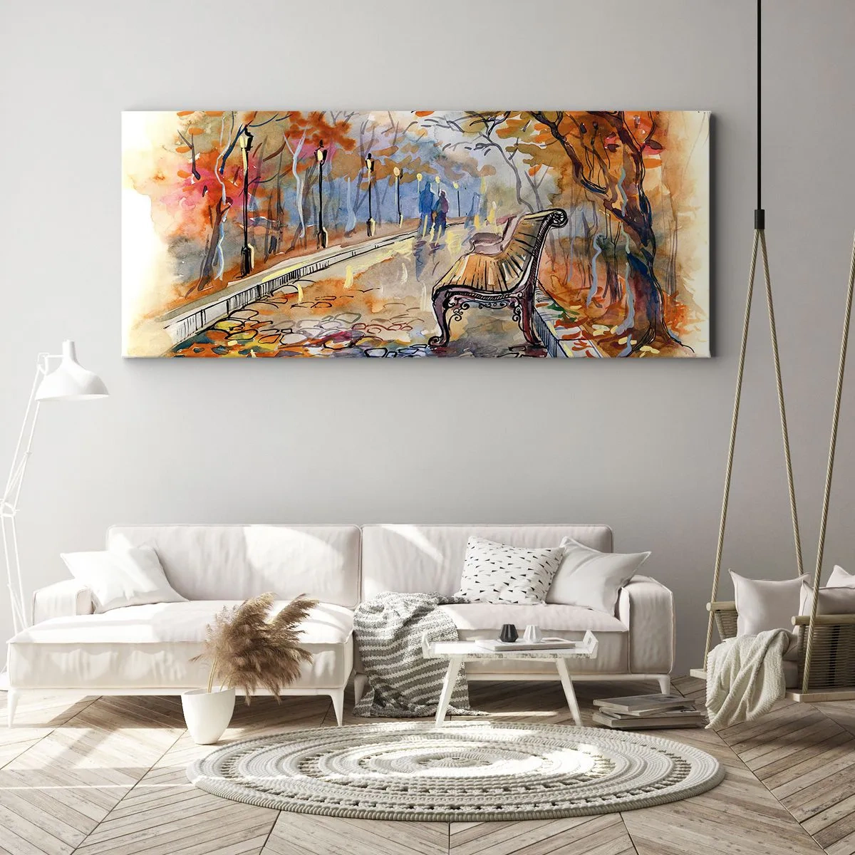 Cuadro sobre lienzo - Impresión de Imagen - Un parque otoñal con un banco en acuarela. - 120x50cm - Caminemos juntos hacia el otoño - Decoración de pared moderna para salón y dormitorio ARTTOR