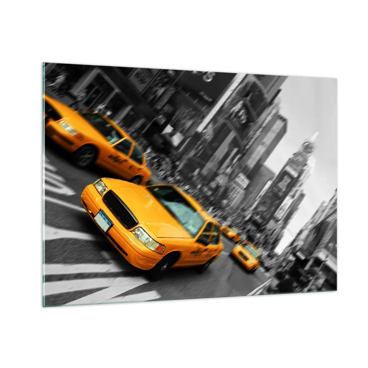 Cuadro sobre vidrio - Impresiones sobre Vidrio - Taxis amarillos con el telón de fondo de calles de la ciudad en blanco y negro - 100x70cm - El sol cae sobre Nueva York - Decoración de pared moderna para salón y dormitorio ARTTOR