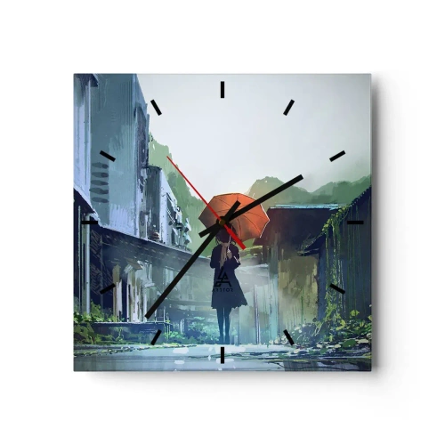 Reloj de pared - Reloj de vidrio - Una figura con un paraguas en una ciudad lluviosa. - 30x30cm - Una lluvia revitalizante - Decoración de pared moderna para salón y dormitorio ARTTOR
