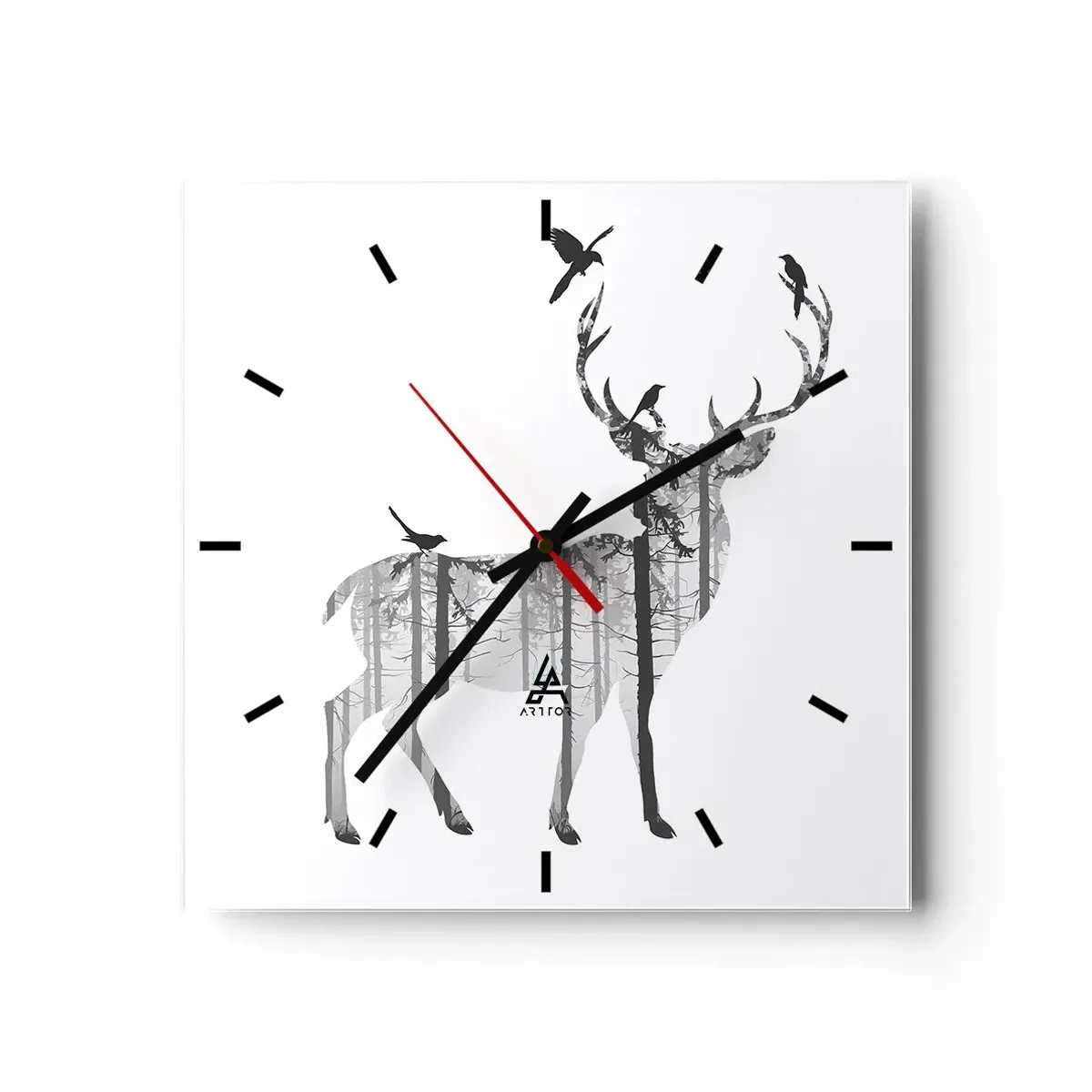 Reloj de pared - Reloj de vidrio - Silueta de un ciervo con bosque y pájaros. - 30x30cm - El buen espíritu del bosque - Decoración de pared moderna para salón y dormitorio ARTTOR