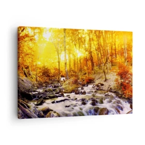 Cuadro sobre lienzo - Impresión de Imagen - Bosque otoñal con un arroyo entre hojas doradas - 70x50cm - Piedras bañadas en oro y platino - Decoración de pared moderna para salón y dormitorio ARTTOR