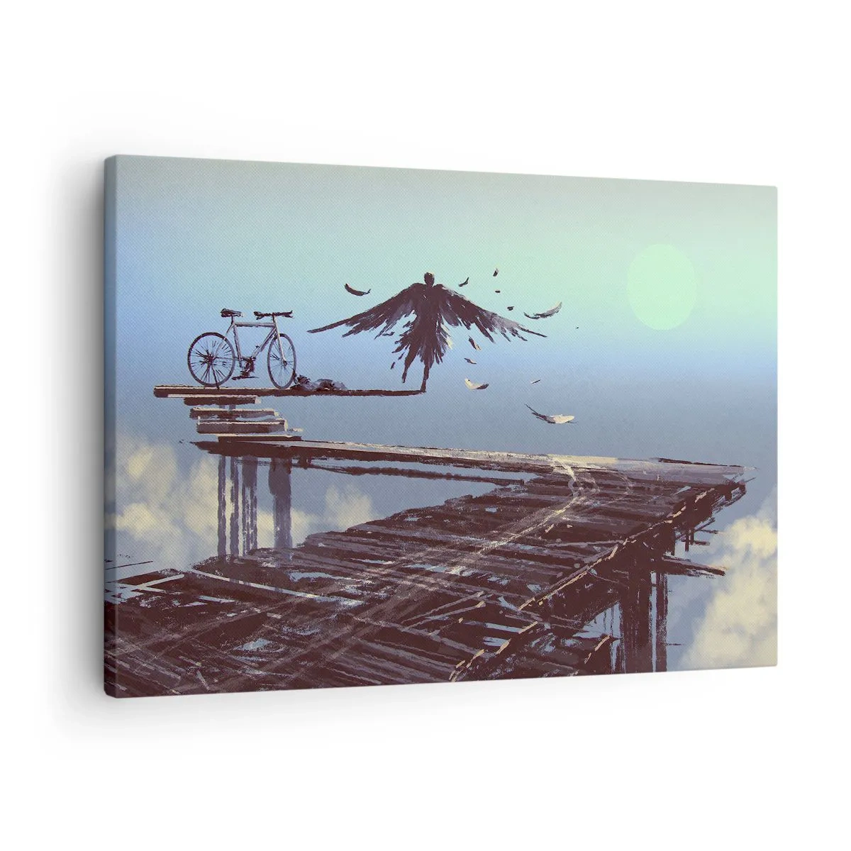 Cuadro sobre lienzo - Impresión de Imagen - Una figura con plumas flota sobre un puente de madera al lado de una bicicleta. - 70x50cm - Ícaro eternamente vivo - Decoración de pared moderna para salón y dormitorio ARTTOR