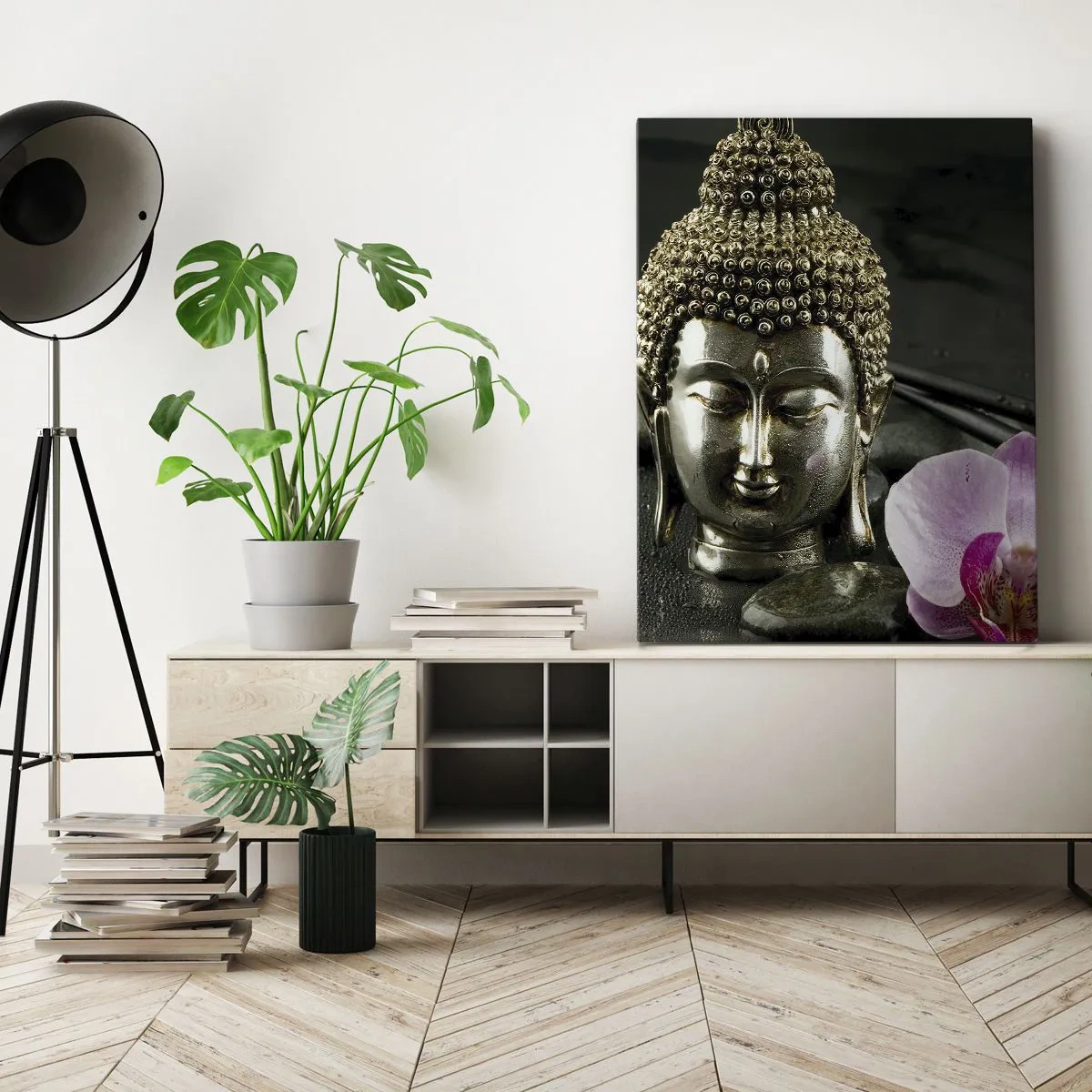 Cuadro sobre lienzo - Impresión de Imagen - Una estatuilla de Buda con una orquídea y palillos sobre un fondo de piedras. - 80x120cm - La armonía de la sabiduría y la belleza - Decoración de pared moderna para salón y dormitorio ARTTOR