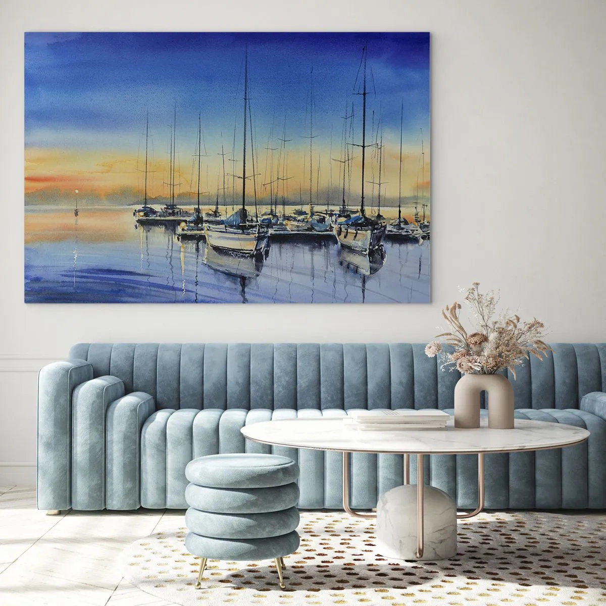 Cuadro sobre vidrio - Impresiones sobre Vidrio - Veleros en el puerto al atardecer - 120x80cm - El final de un buen día - Decoración de pared moderna para salón y dormitorio ARTTOR