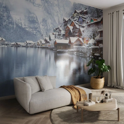 Fotomural Autadhesivo Deluxe Sticker - En un decorado de invierno - Paisaje, Asentamiento de montaña, Invierno - 150x105 cm