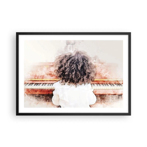 Póster en marco negro - Una chica con cabello tupido al piano - 70x50cm - Descubriendo un mundo nuevo - Decoración de pared moderna para salón y dormitorio ARTTOR
