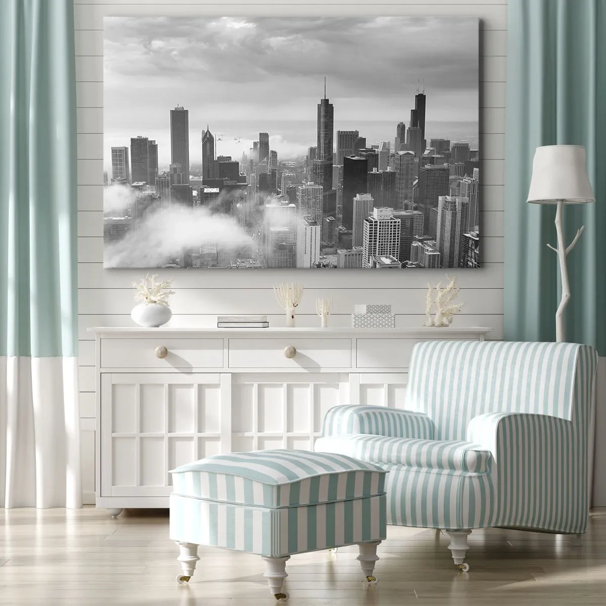 Cuadro sobre lienzo - Impresión de Imagen - Panorama de la ciudad con rascacielos en las nubes en blanco y negro - 120x80cm - Paisaje americano - Decoración de pared moderna para salón y dormitorio ARTTOR