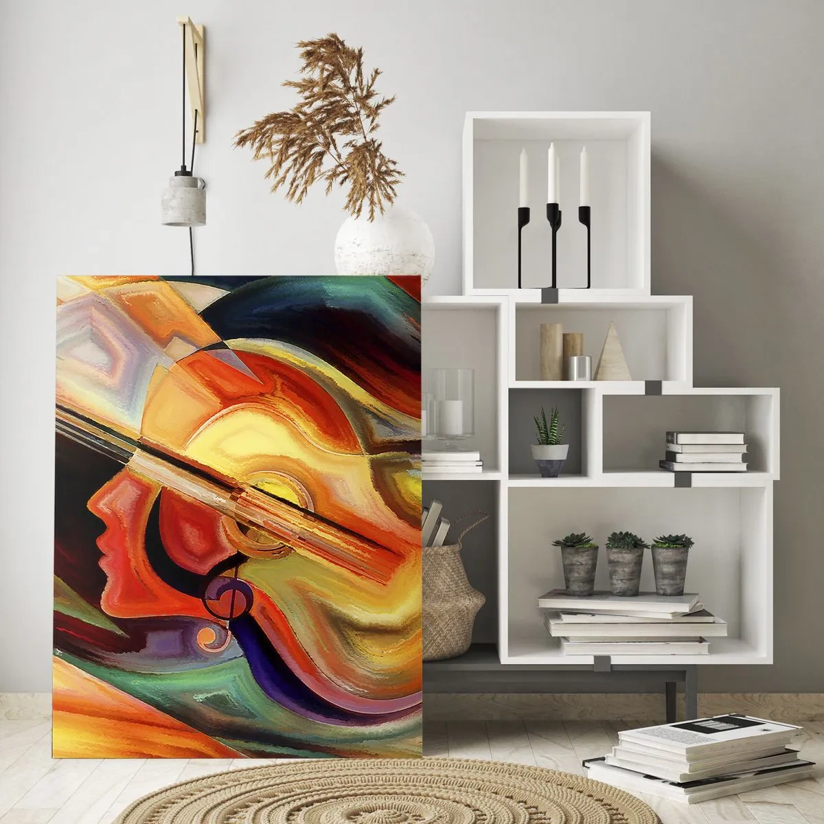 Cuadro sobre vidrio - Impresiones sobre Vidrio - Retrato abstracto con una guitarra y notas musicales al fondo. - 50x70cm - Juego musical - Decoración de pared moderna para salón y dormitorio ARTTOR