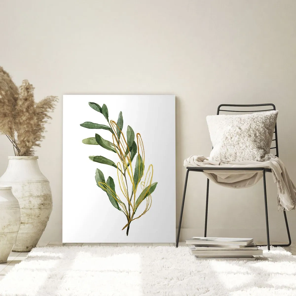 Cuadro sobre vidrio - Impresiones sobre Vidrio - Rama verde con hojas sobre fondo blanco. - 80x120cm - La vida se abre camino - Decoración de pared moderna para salón y dormitorio ARTTOR