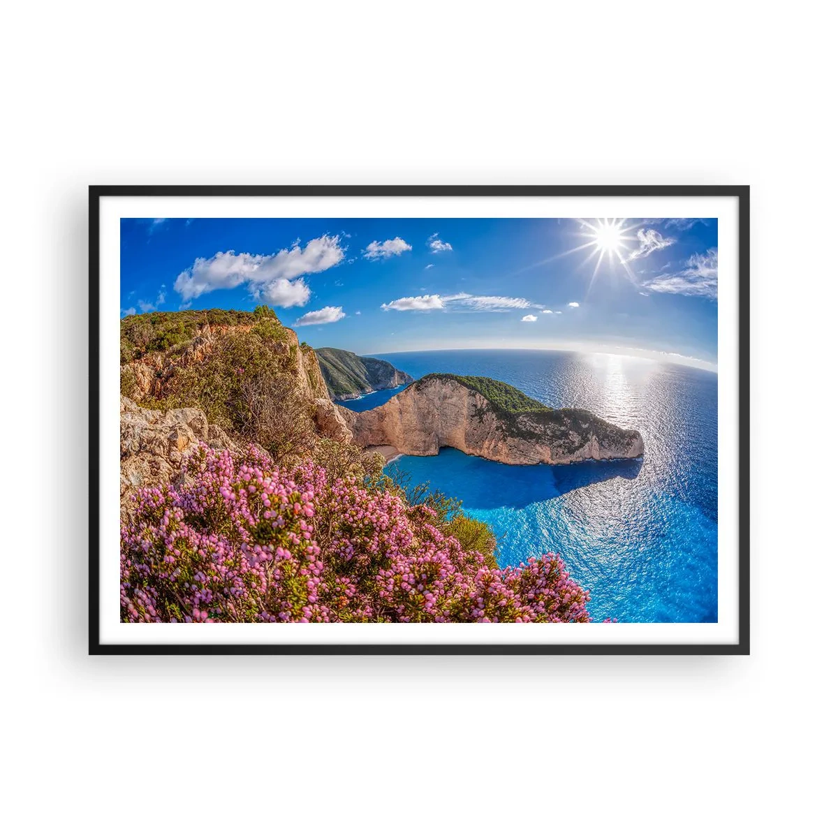 Póster en marco negro - Un acantilado con flores, un mar turquesa y un soleado paisaje griego. - 100x70cm - Mis grandes vacaciones en Grecia - Decoración de pared moderna para salón y dormitorio ARTTOR